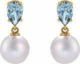 14K Yellow Cultured White Akoya Pearl & Natural Aquamarine Earrings