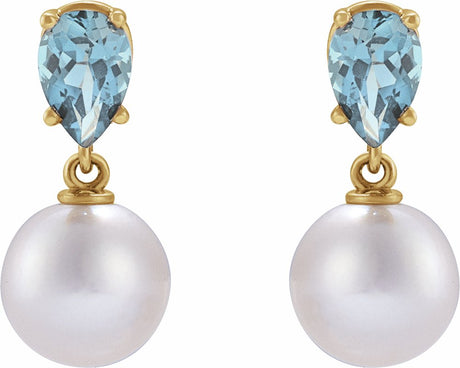 14K Yellow Cultured White Akoya Pearl & Natural Aquamarine Earrings