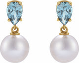 14K Yellow Cultured White Akoya Pearl & Natural Aquamarine Earrings