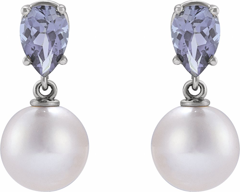 14K White Cultured White Akoya Pearl & Natural Tanzanite Earrings