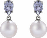 14K White Cultured White Akoya Pearl & Natural Tanzanite Earrings