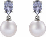 14K White Gold Cultured White Akoya Pearl & Natural Tanzanite Earrings