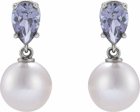 14K White Gold Cultured White Akoya Pearl & Natural Tanzanite Earrings