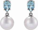 14K White Gold Cultured White Akoya Pearl & Natural Aquamarine Earrings