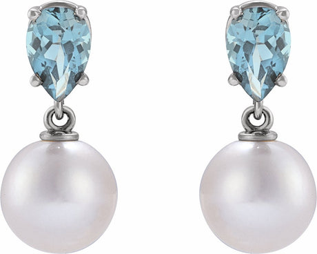 14K White Gold Cultured White Akoya Pearl & Natural Aquamarine Earrings