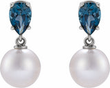 Sterling Silver Cultured White Akoya Pearl & Natural London Blue Topaz Earrings