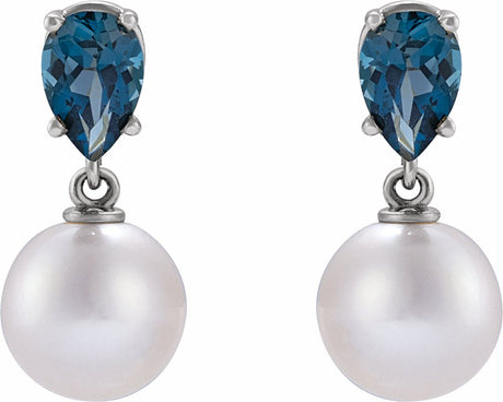 Sterling Silver Cultured White Akoya Pearl & Natural London Blue Topaz Earrings