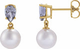 14K Yellow Cultured White Akoya Pearl & Natural Tanzanite Earrings