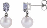14K White Gold Cultured White Akoya Pearl & Natural Tanzanite Earrings