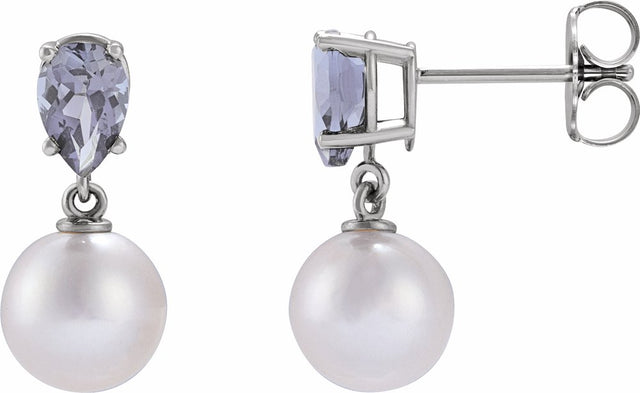 14K White Gold Cultured White Akoya Pearl & Natural Tanzanite Earrings