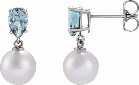 14K White Gold Cultured White Akoya Pearl & Natural Aquamarine Earrings
