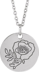 Sterling Silver Poppy August Birth Flower 16-18" Necklace