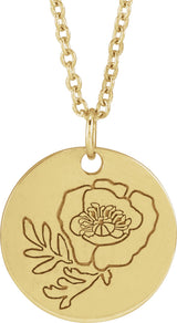 14K Yellow Gold Poppy August Birth Flower 16-18" Necklace