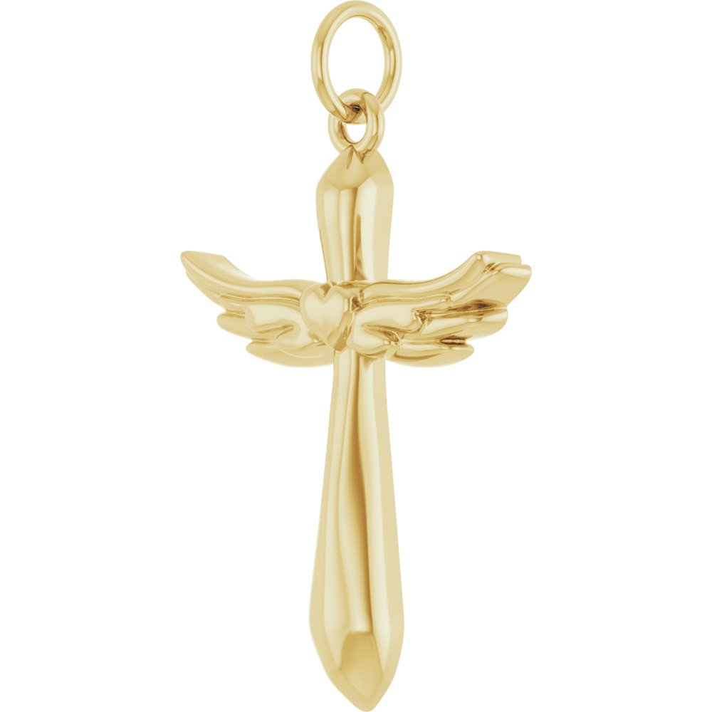 14K Yellow Gold Angel Wings Heart Cross Pendant