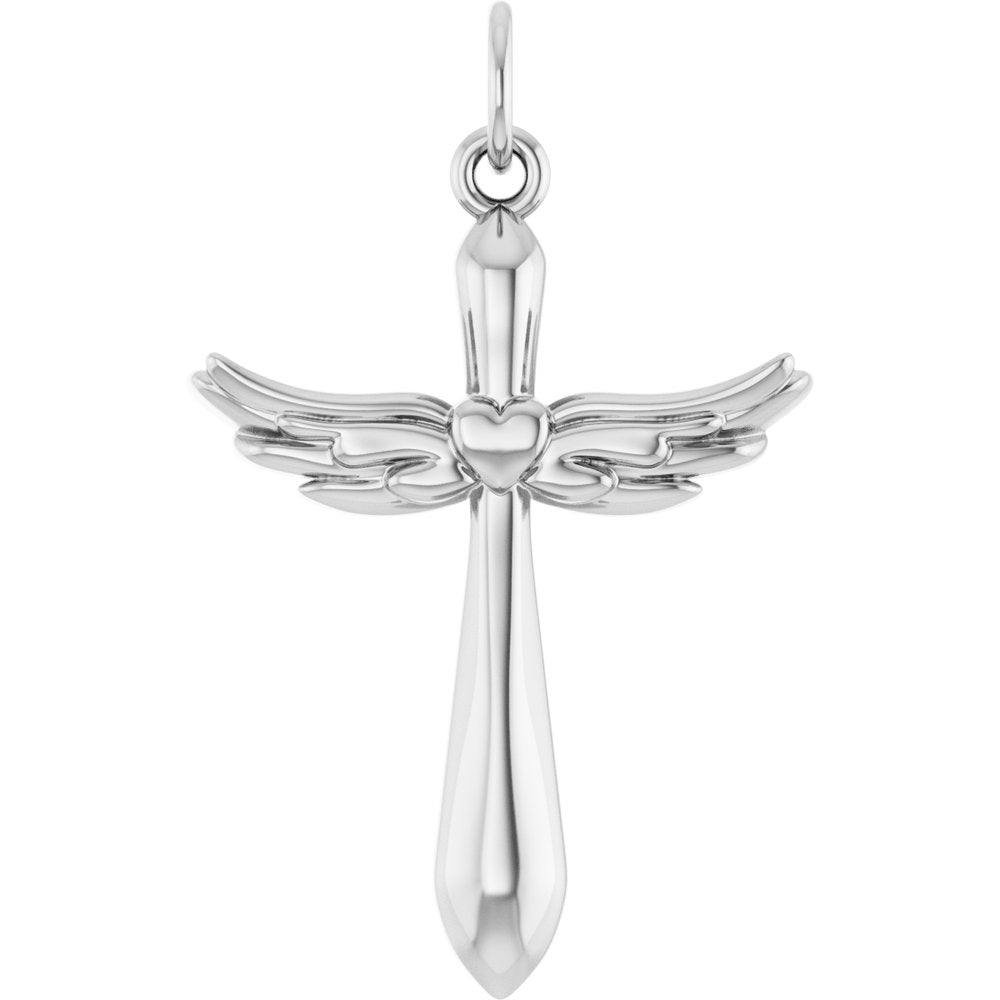 14K White Angel Wings Heart Cross Pendant