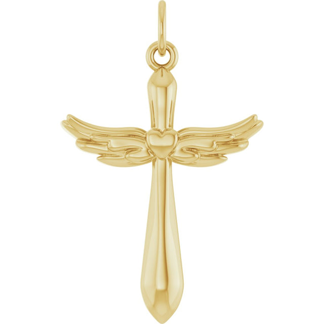 14K Yellow Angel Wings Heart Cross Pendant