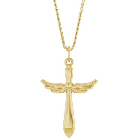 14K Yellow Gold Angel Wings Heart Cross 18" Necklace