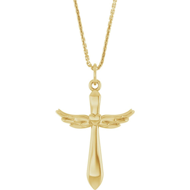14K Yellow Gold Angel Wings Heart Cross 18" Necklace