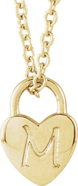 14K Yellow Gold Engravable Heart Lock 16-18" Necklace