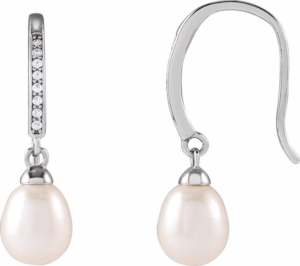 Rhodium-Plated Sterling Silver Cultured White Freshwater Pearl & Imitation Cubic Zirconia Earrings