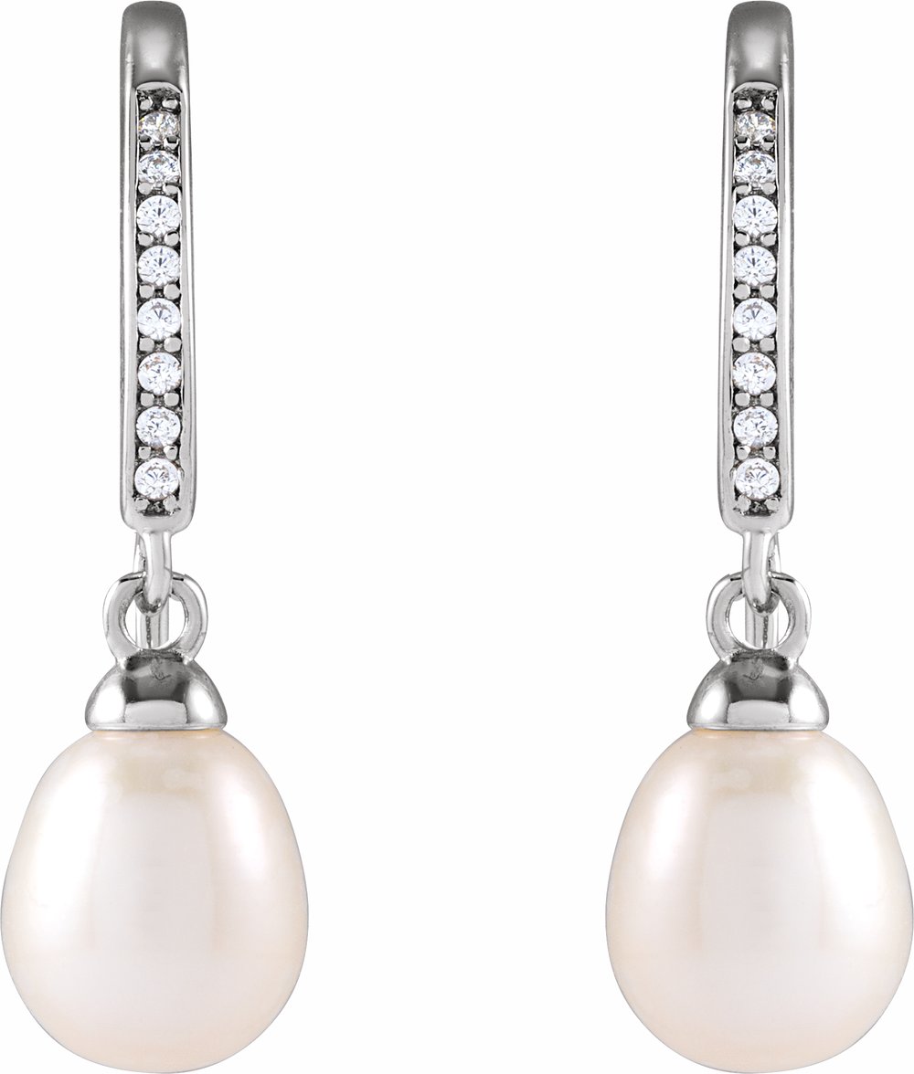 Rhodium-Plated Sterling Silver Cultured White Freshwater Pearl & Imitation Cubic Zirconia Earrings