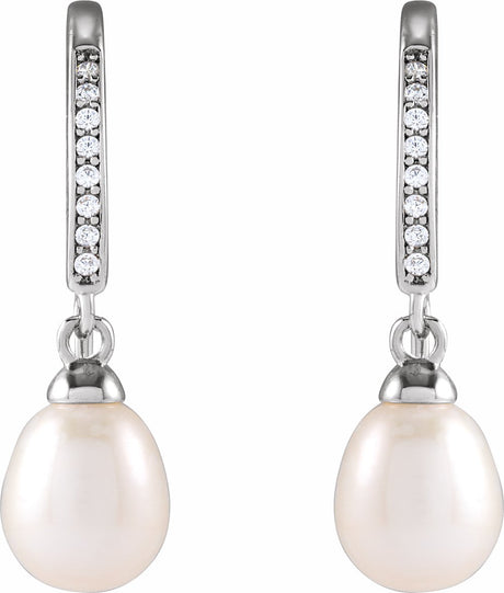 Rhodium-Plated Sterling Silver Cultured White Freshwater Pearl & Imitation Cubic Zirconia Earrings