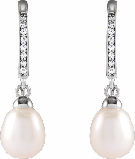 Rhodium-Plated Sterling Silver Cultured White Freshwater Pearl & Imitation Cubic Zirconia Earrings