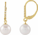 14K Yellow Gold Cultured White Freshwater Pearl & .05 CTW Natural Diamond Lever Back Earrings