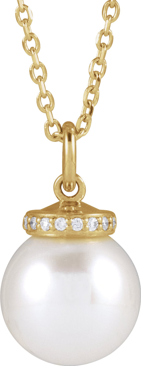 14K Yellow Gold Cultured White Akoya Pearl & .04 CTW Natural Diamond 16-18" Necklace  