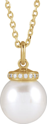 14K Yellow Gold Cultured White Akoya Pearl & .04 CTW Natural Diamond 16-18" Necklace  