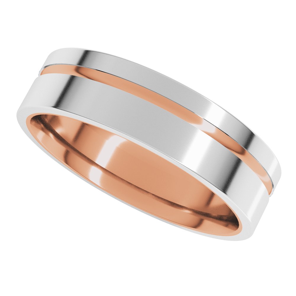14K Rose/White 6 mm Grooved Comfort-Fit Flat Band