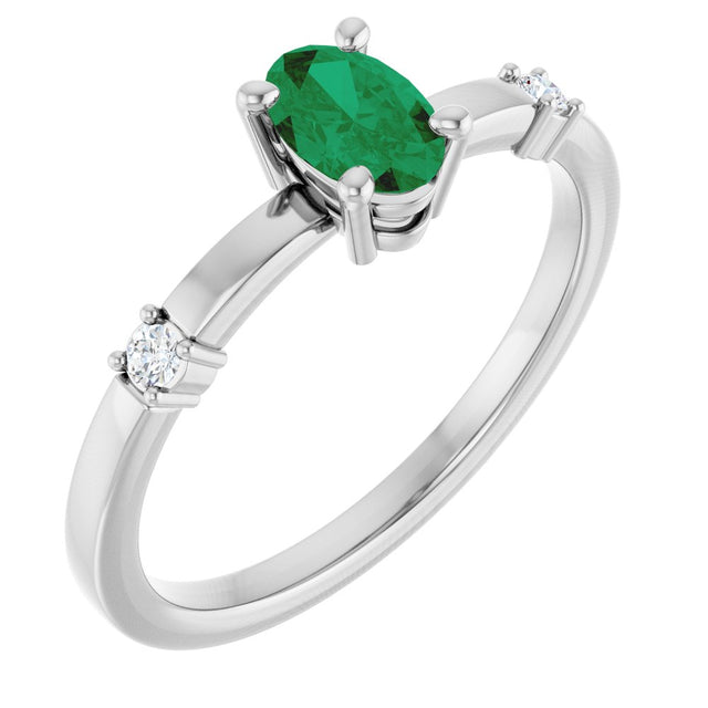 14K White Lab-Grown Emerald & .05 CTW Natural Diamond Ring