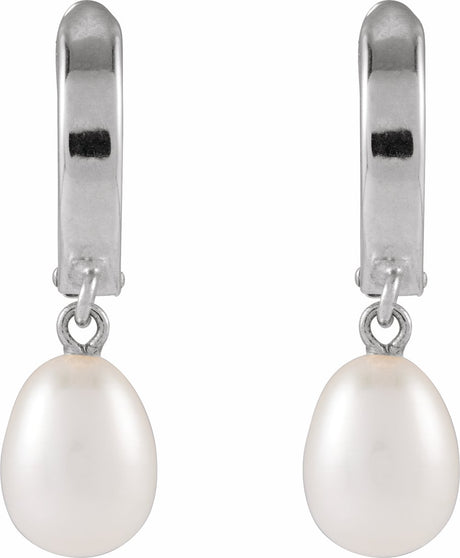 14K White Gold Cultured White Freshwater Pearl Hoop Earrings