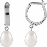 14K White Gold Cultured White Freshwater Pearl Hoop Earrings