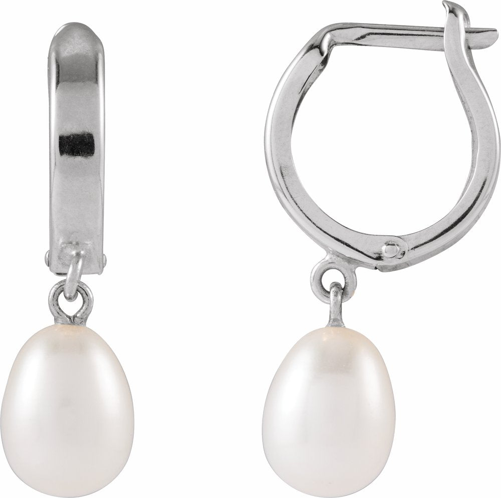 14K White Cultured White Freshwater Pearl Hoop Earrings