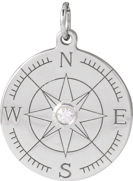14K White Gold .015 CT Natural Diamond Compass Pendant