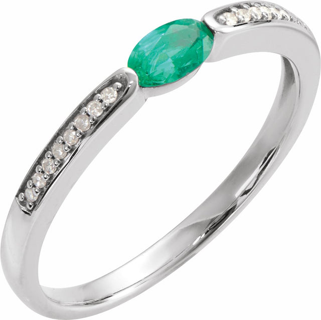 14K White Imitation Emerald & .05 CTW Natural Diamond Ring