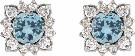 14K White Natural Aquamarine & .08 CTW Natural Diamond Halo-Style Earrings