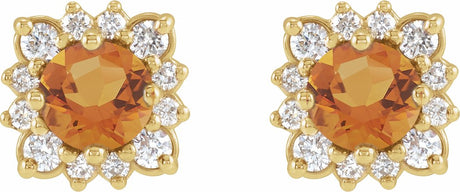 14K Yellow Gold Natural Citrine & 1/5 CTW Natural Diamond Halo-Style Earrings