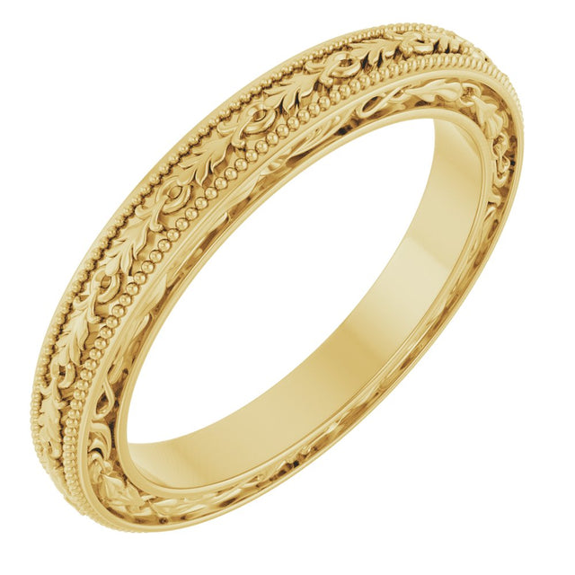 14K Yellow Gold 3 mm Milgrain Floral Flat Band Size 7