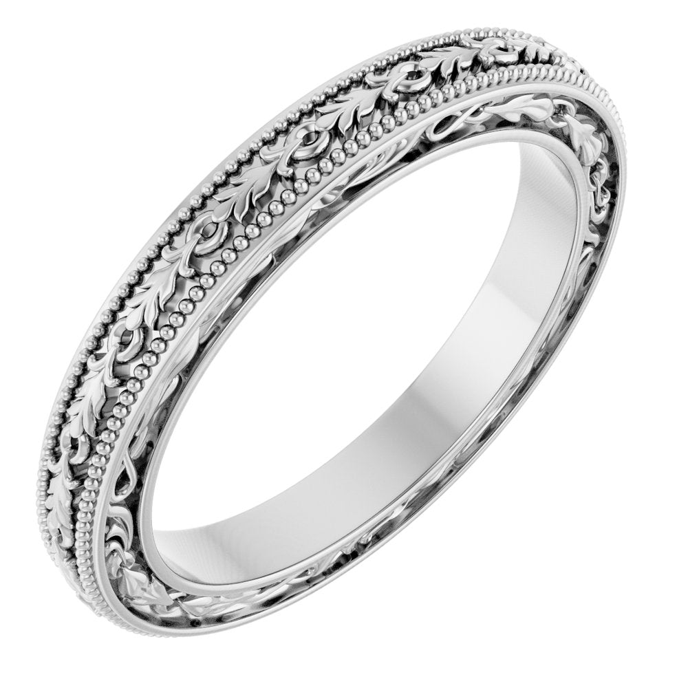 10K White Gold 3 mm Milgrain Floral Flat Band Size 7