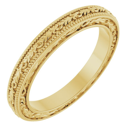 14K Yellow Gold 3 mm Milgrain Floral Flat Band Size 7