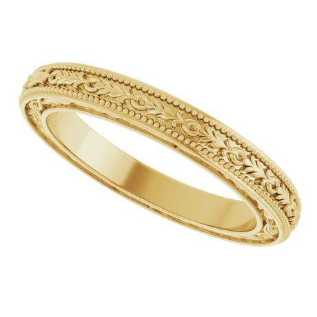 14K Yellow Gold 3 mm Milgrain Floral Flat Band Size 7