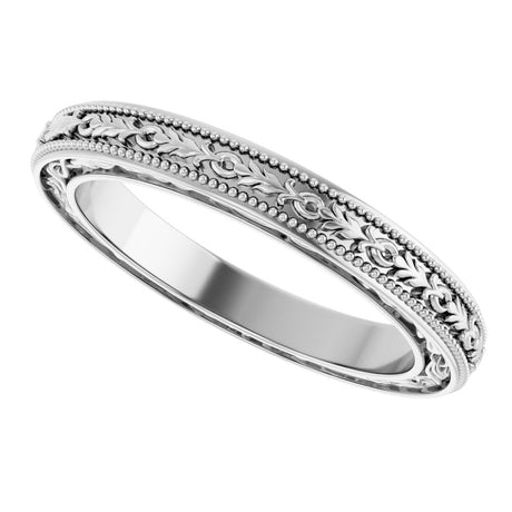 10K White Gold 3 mm Milgrain Floral Flat Band Size 7