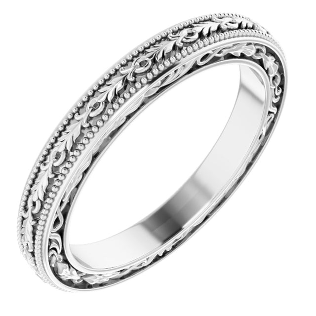 14K White Gold 3 mm Milgrain Floral Flat Band Size 7.5