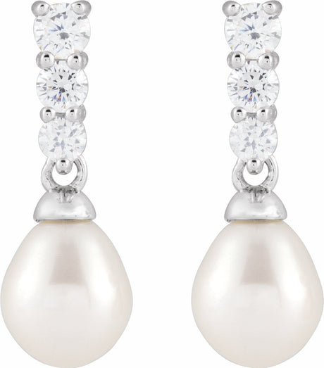 Rhodium-Plated Sterling Silver Cultured White Freshwater Pearl & Imitation White Cubic Zirconia Earrings