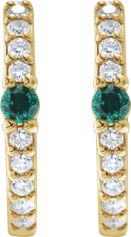 14K Yellow Gold Natural Emerald & 1/8 CTW Natural Diamond 13.6 mm Hoop Earring