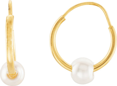 14K Yellow Cultured White Freshwater Pearl Hoop Earrings