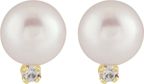 14K Yellow Cultured White Akoya Pearl & .02 CTW Natural Diamond Earrings