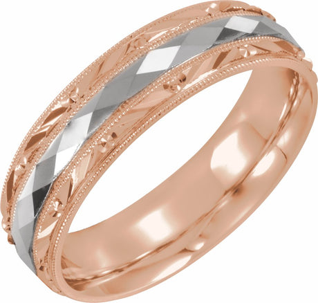 14K Rose/White/Rose 6 mm Design-Engraved Band with Milgrain Size 10